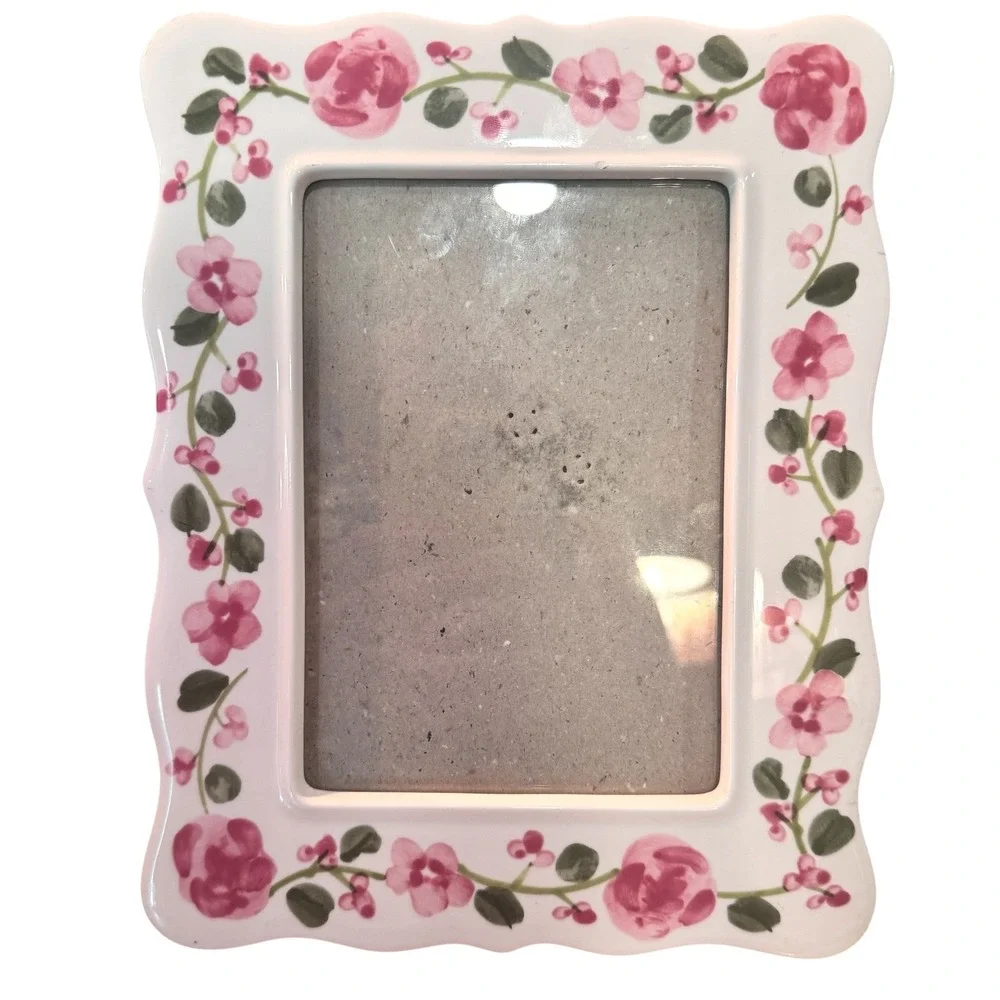 Vintage Ceramic Floral Picture Frame Pink Roses Scalloped Edge 5x7 Photo 1990s